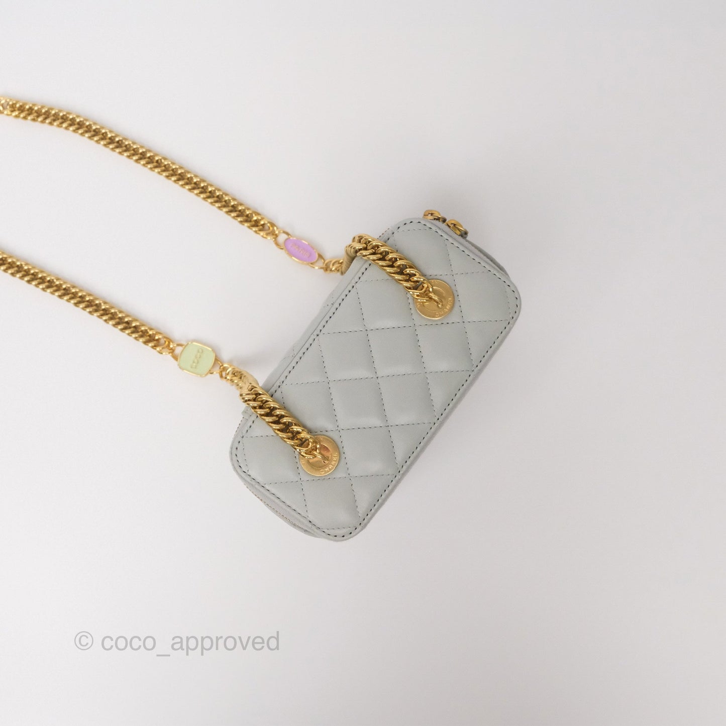 Chanel Quilted Vanity Rectangular with Chain Grey Blue Lambskin Gold Hardware
