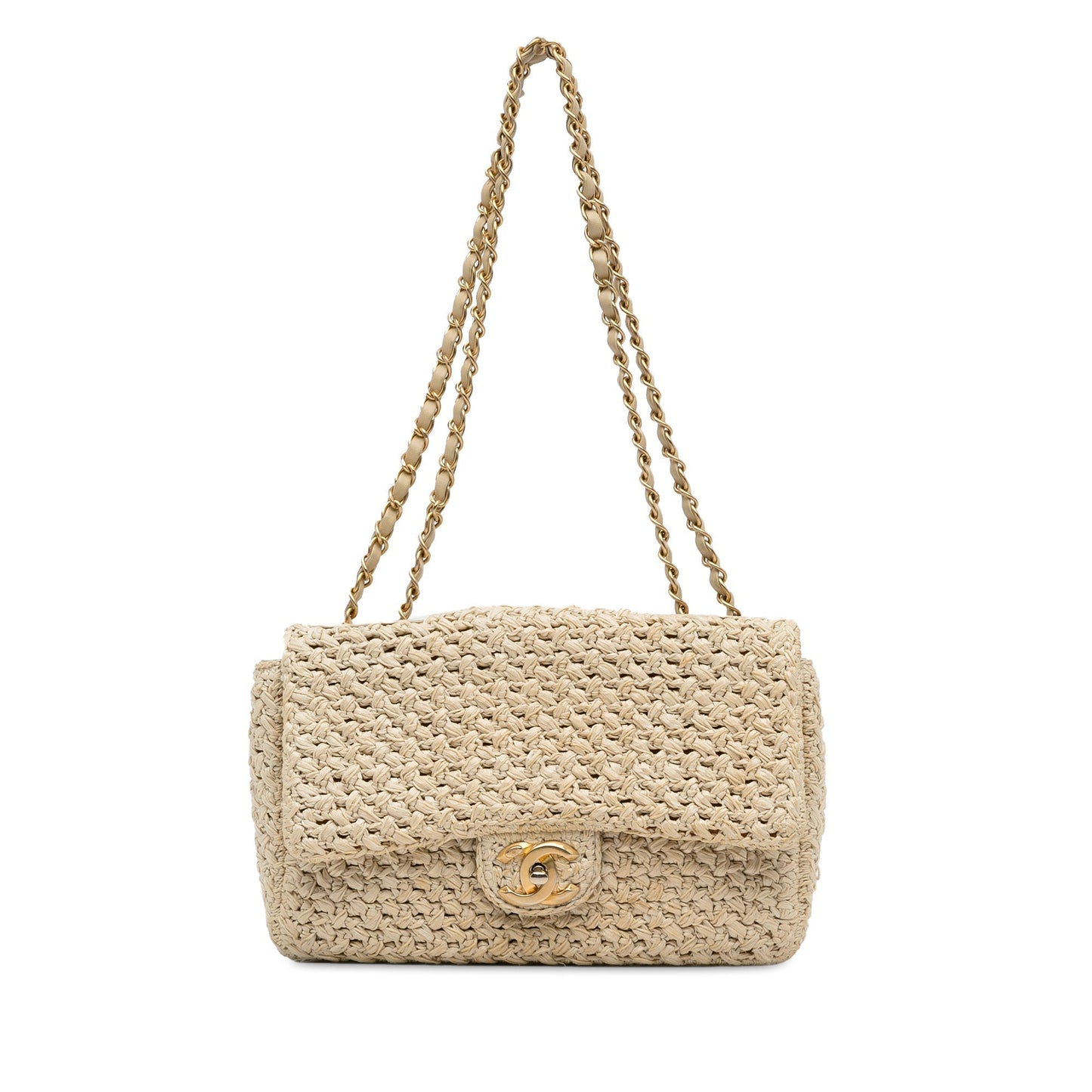 Luxury Chanel Single Flap Medium Brown Crochet Raffia Gold
