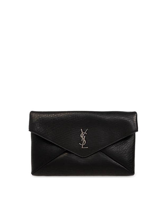 Luxury Saint Laurent Cassandre Embellished Leather Clutch Bag Black