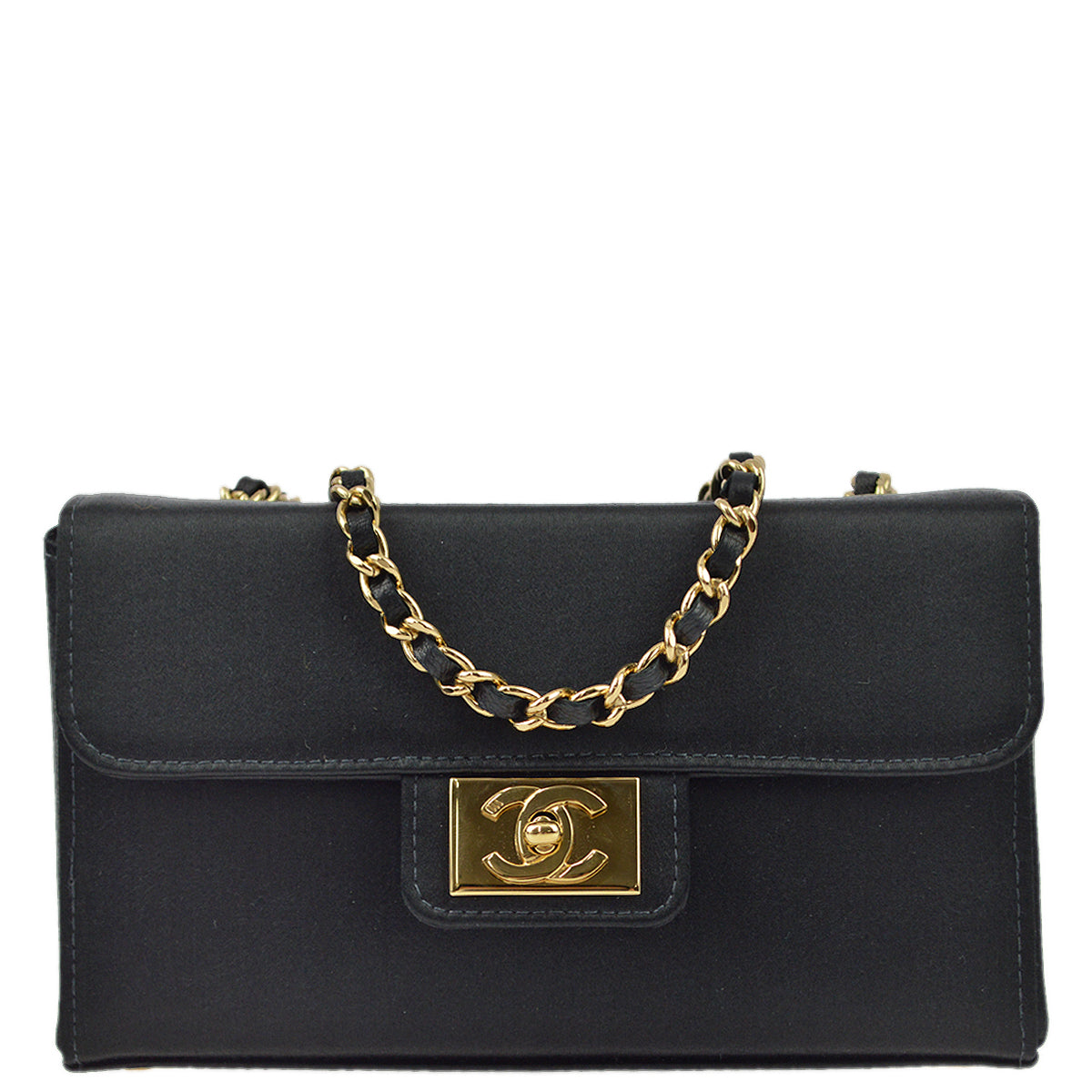 Luxury Chanel * Black Satin Double Chain Shoulder Bag