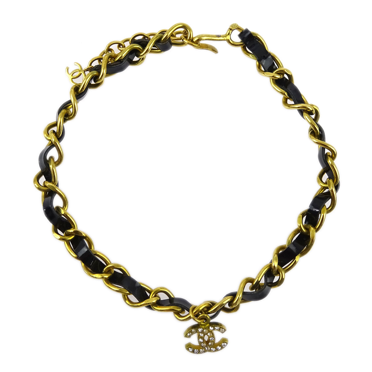 Chanel CC Rhinestone Pendant Necklace Gold Black 95P