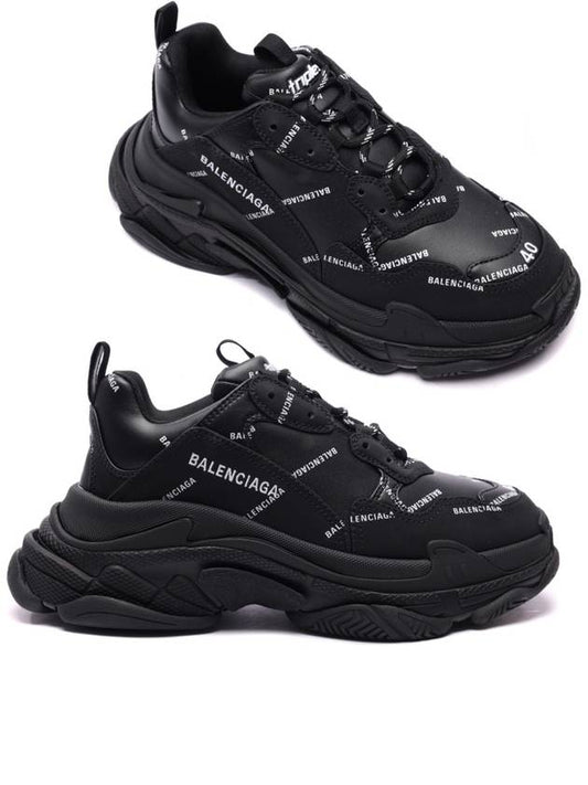 Luxury Balenciaga Allover Logo Triple S Low Top Sneakers Black