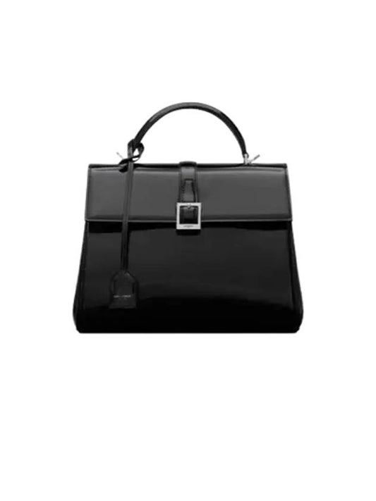 Luxury Saint Laurent Le Fermoir Small Top-Handle Brushed Leather Tote Bag Black