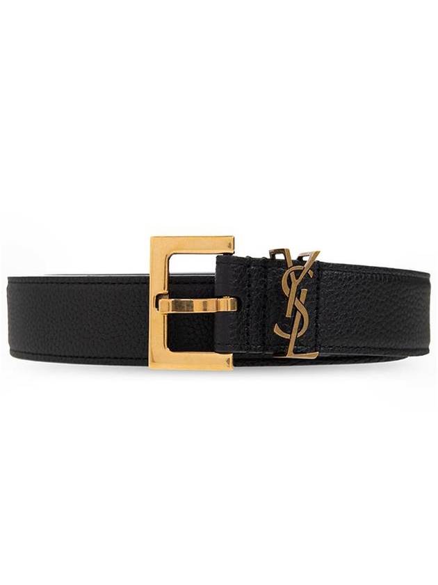 Luxury Saint Laurent Cassandre Belt with Square Buckle in Grained Leather Black
