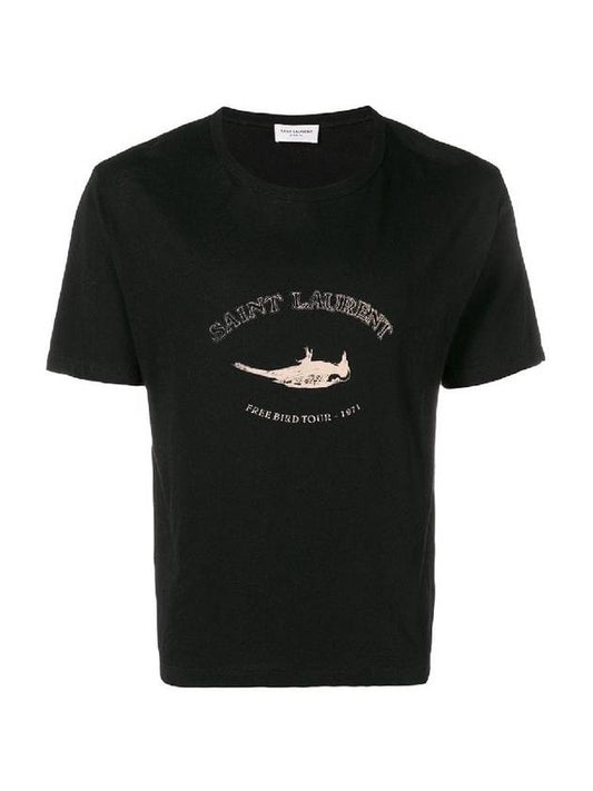 Luxury Saint Laurent Print Bird Round Short Sleeve T-Shirt Black