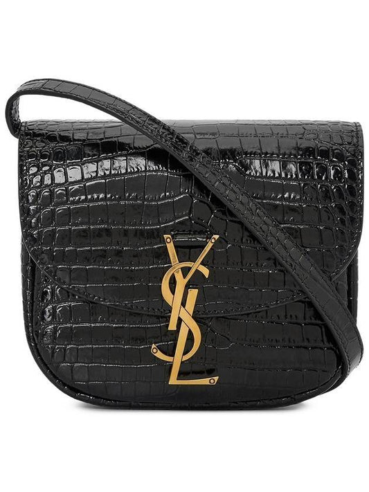 Luxury Saint Laurent Kaia Shiny Crocodile-Embossed Leather Small Shoulder Bag Black