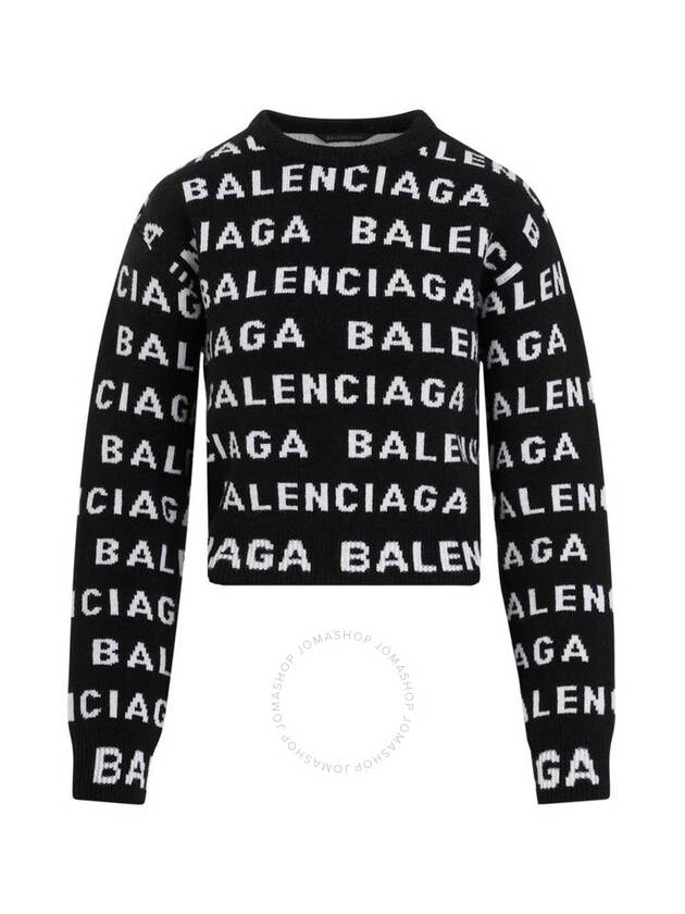 Luxury Balenciaga Intarsia All-Over Logo Crew Neck Knit Top Black