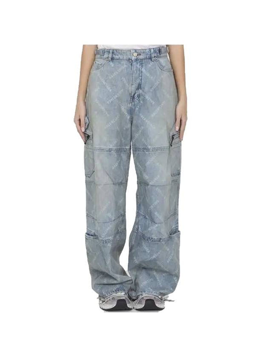 Luxury Balenciaga Bal Diagonal Allover Cargo Wide Jeans Blue