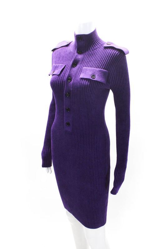 Luxury Bottega Veneta Womens Long Sleeve Ribbed Knit Sweater Dress Purple