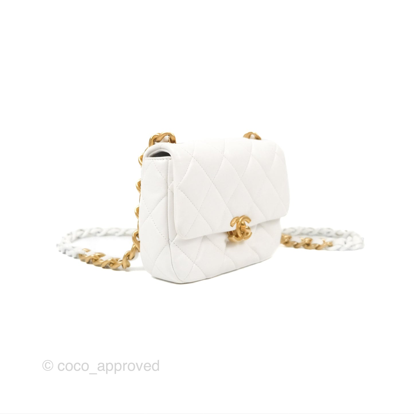 Chanel Small Flap Bag White Lambskin Aged Gold and Lacquered Metal 22S