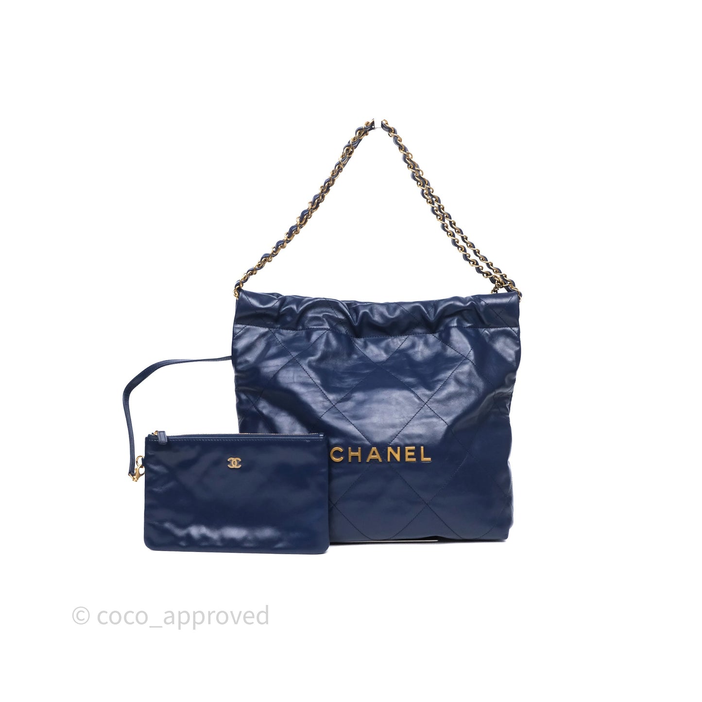 Chanel 22 Small Blue Shiny Calfskin Aged Gold Hardware