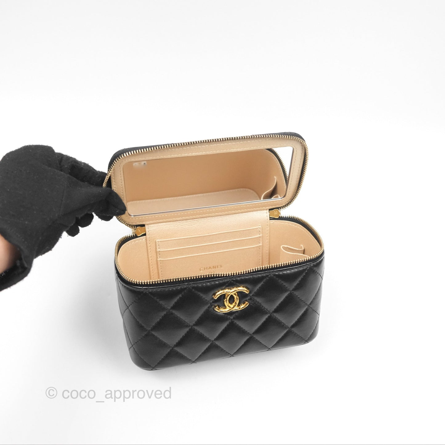 Chanel Vanity with Double Chain Black Shiny Crumpled Calfskin Gold Hardware 23S