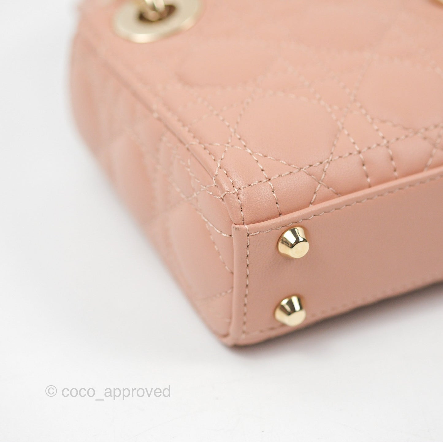 Christian Dior Micro Lady Dior Cannage Rose Des Vents Cannage Lambskin Gold Hardware