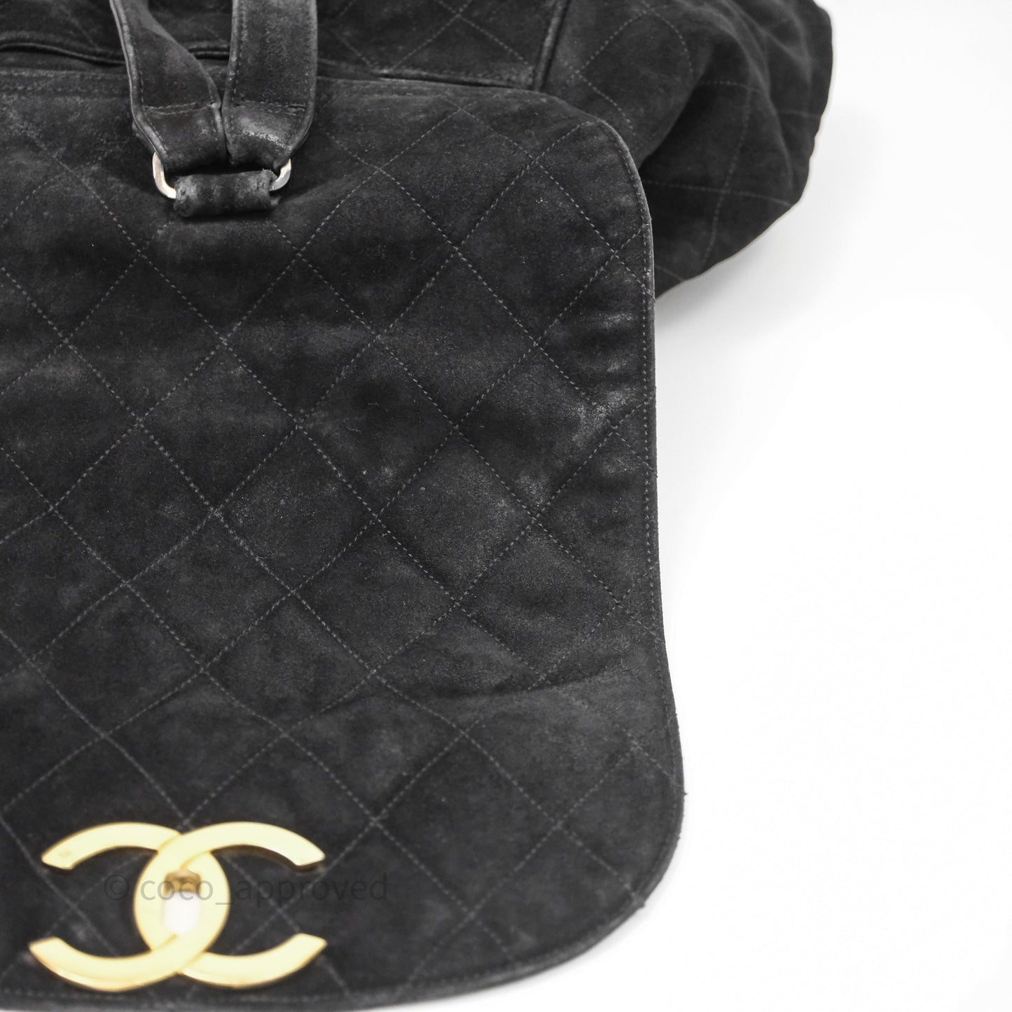 Chanel Vintage Quilted Suede CC Backpack Black Gold Hardware