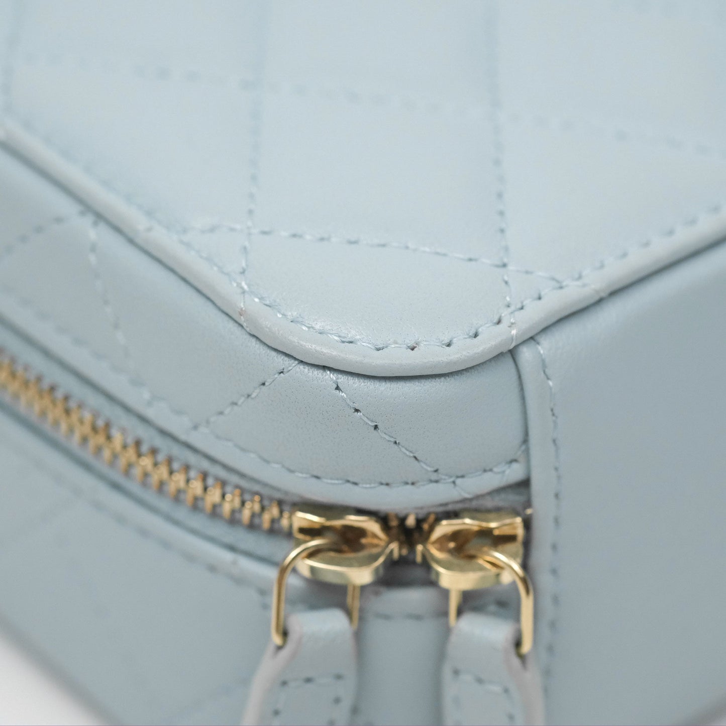 Chanel Mini Quilted Vanity Camera Case Light Blue Lambskin Gold Hardware