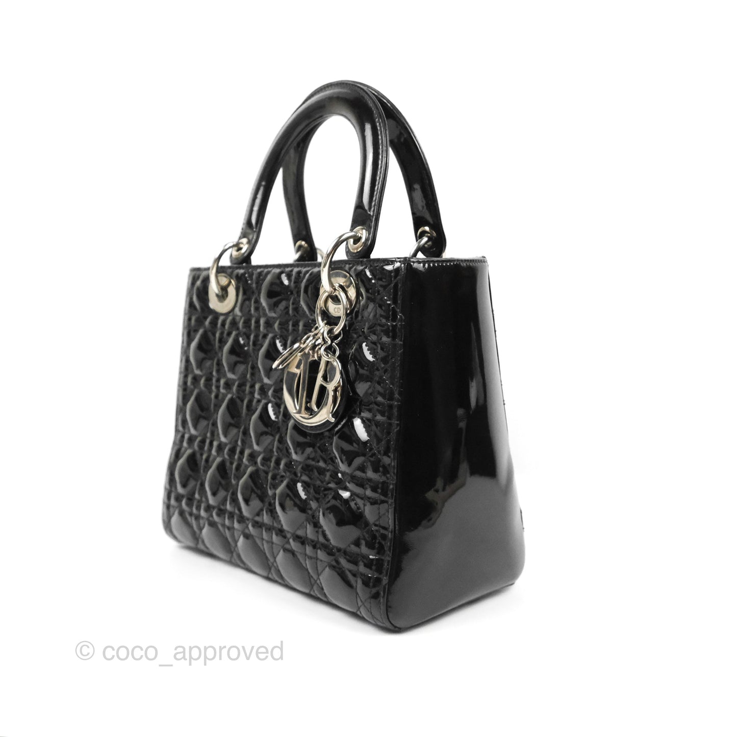Christian Dior Medium Lady Dior Black Patent Silver Hardware