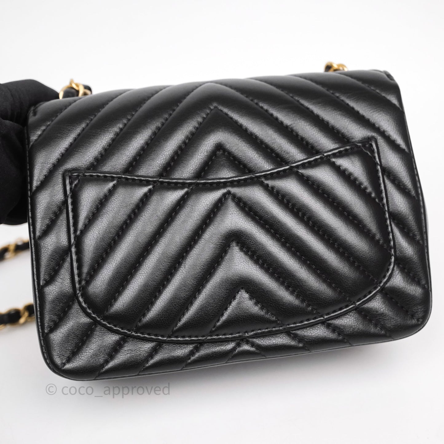 Chanel Mini Square Flap Chevron Black Lambskin Aged Gold Hardware