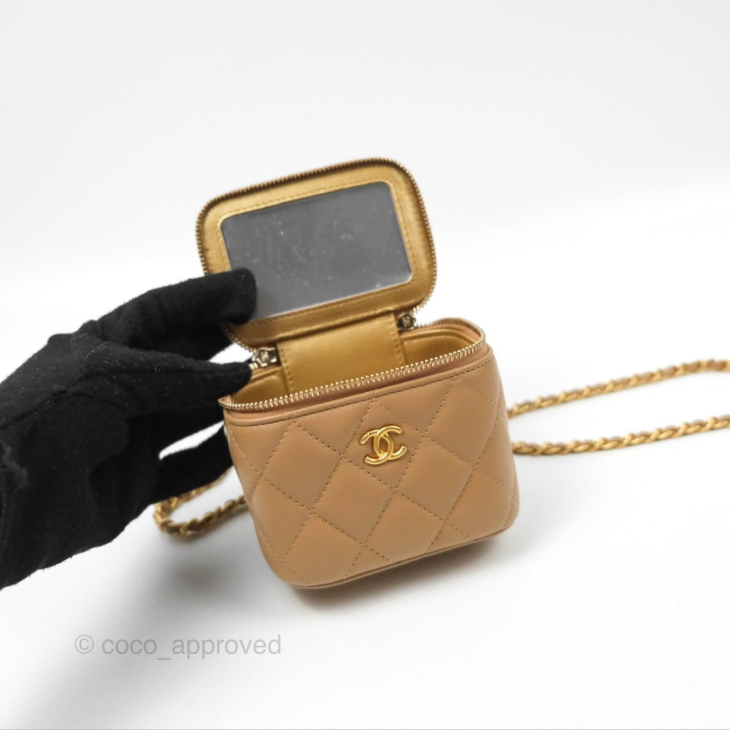 Chanel Mini Vanity With Chain Adjustable Pearl Crush Dark Beige Lambskin Aged Gold Hardware