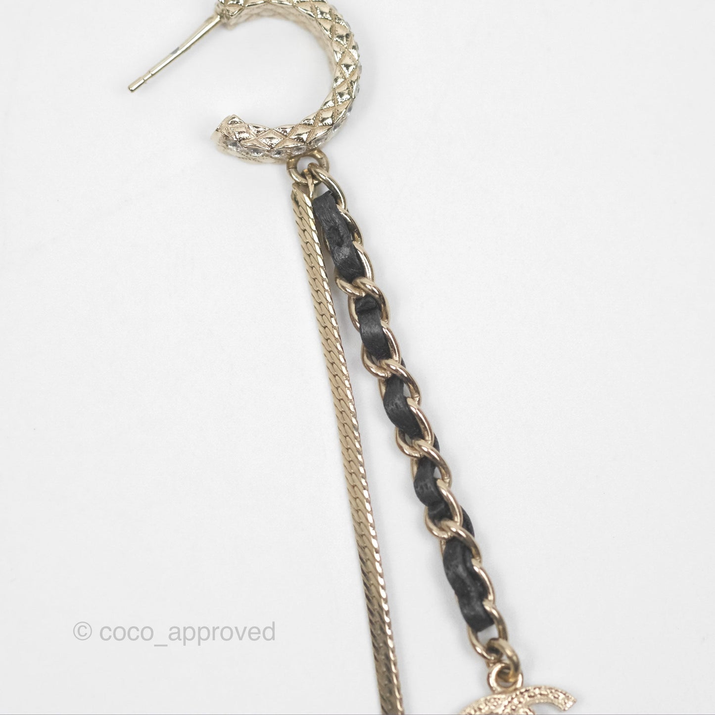 Chanel Crystal CC Braided Leather Chain Long Drop Earrings Gold Tone 22S
