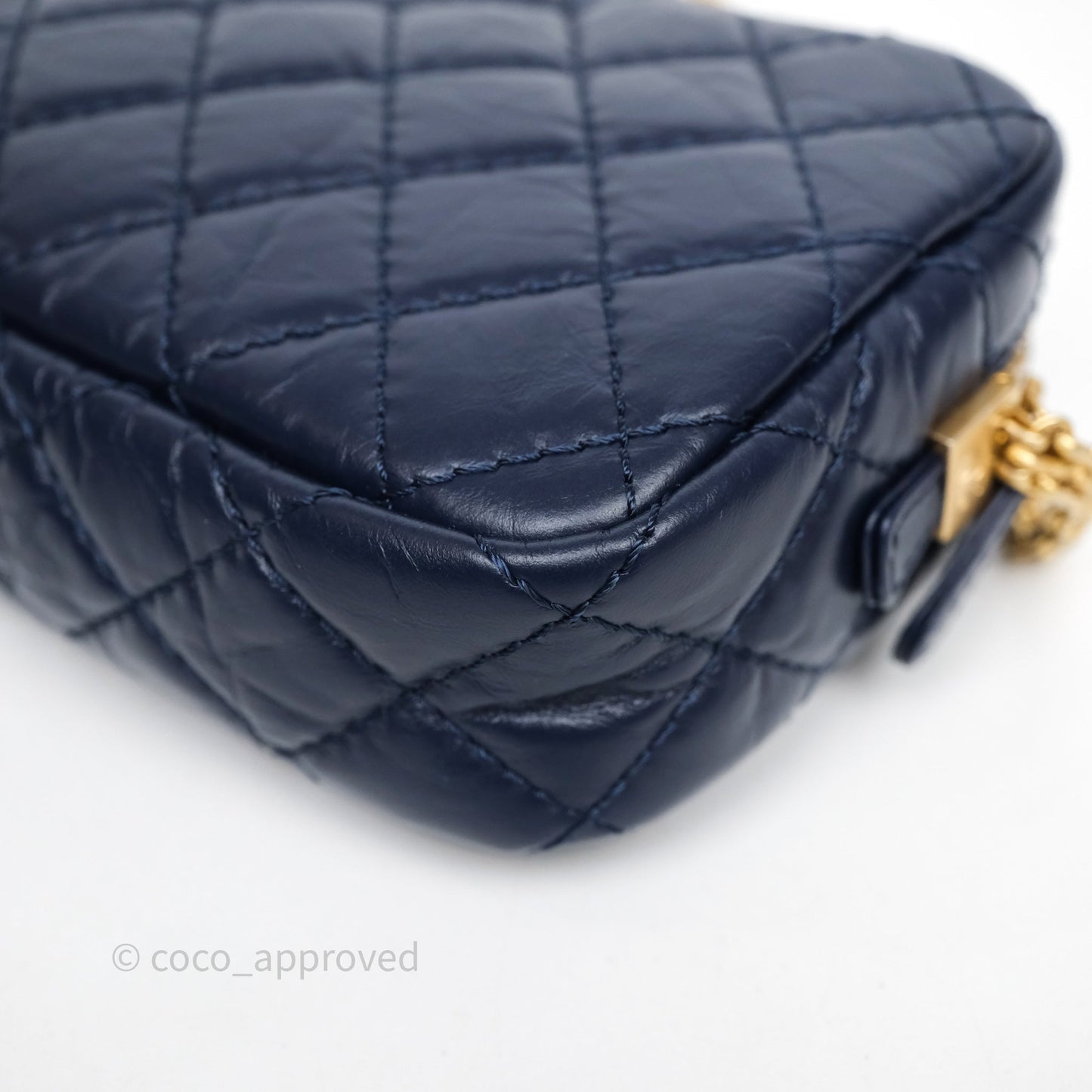 Chanel Quilted Mini Reissue Camera Case Navy Aged Calfskin Aged Gold Hardware