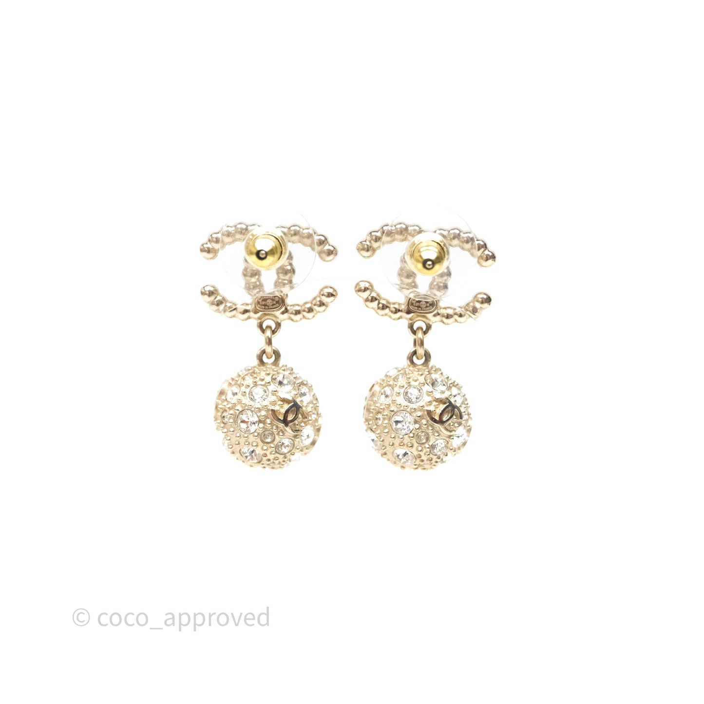 Chanel Crystal Pearl CC Drop Earrings Gold Tone Pearly White 21K