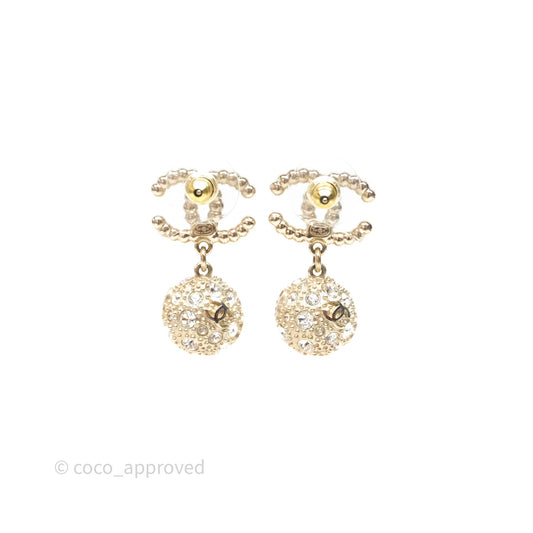 Chanel Crystal Pearl CC Drop Earrings Gold Tone Pearly White 21K