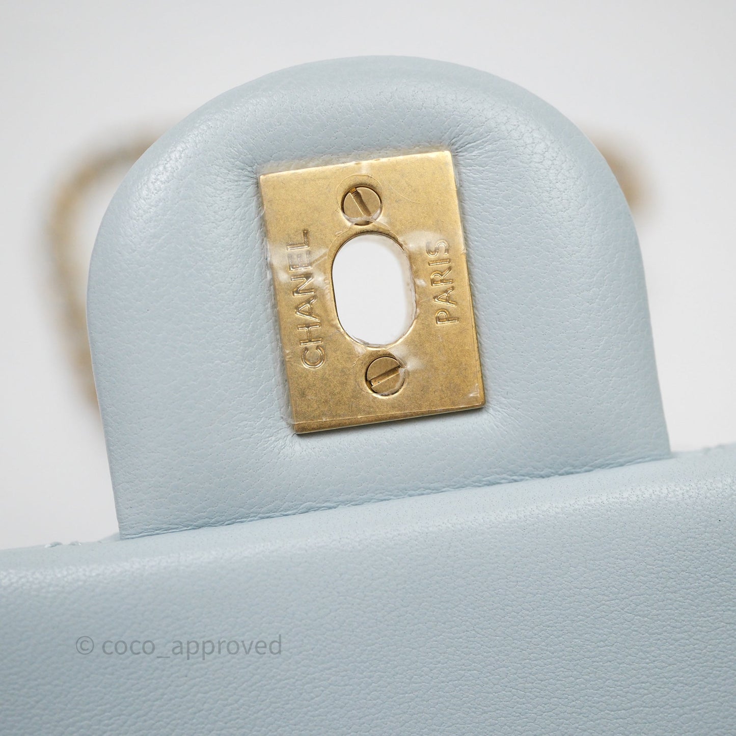 Chanel Pearl Crush Mini Rectangular Light Blue Lambskin Aged Gold Hardware