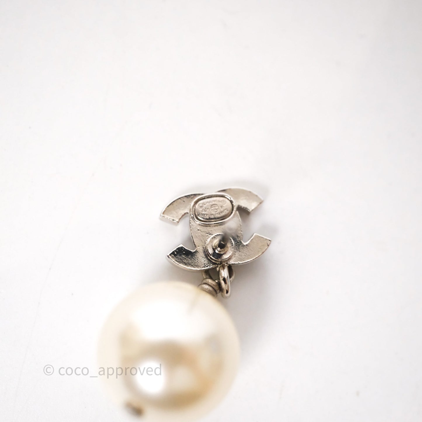 Chanel CC Crystal Pearl Drop Earrings Silver Tone 21V