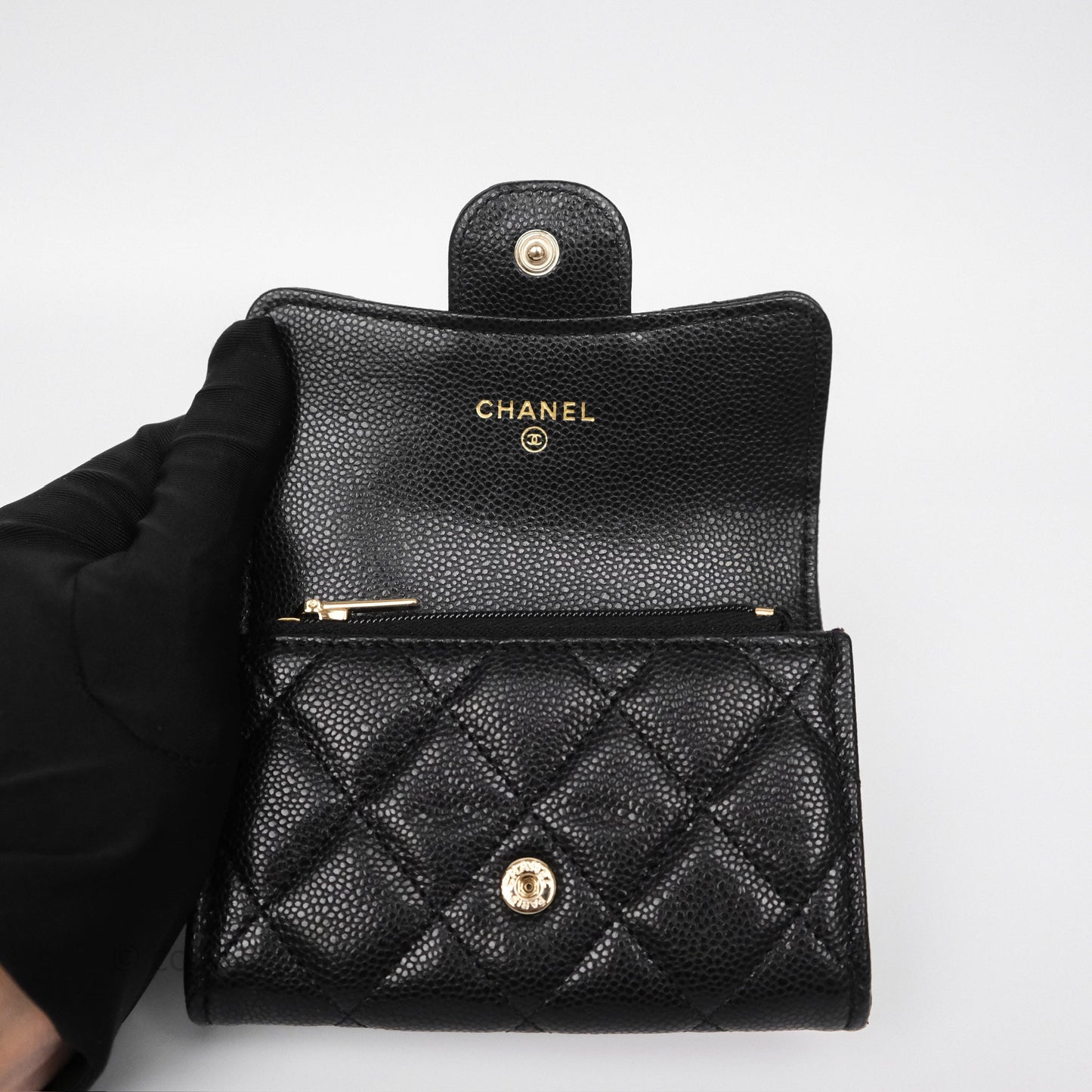 Chanel Flap Card Holder Quilted Black Caviar Gold Hardware 24A