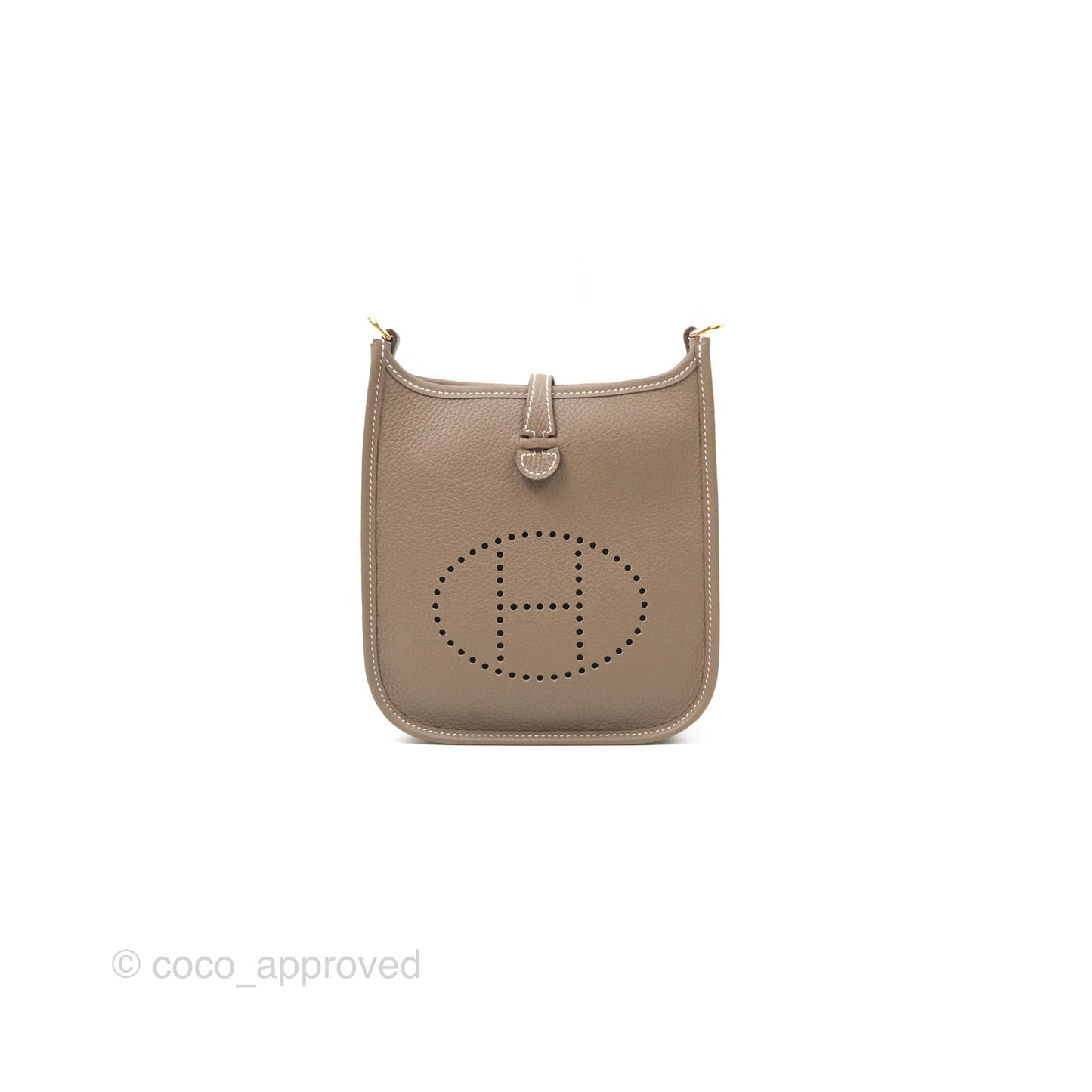 Hermès Mini Evelyne Etoupe Clemence Gold Hardware with Bleu Indigo Strap