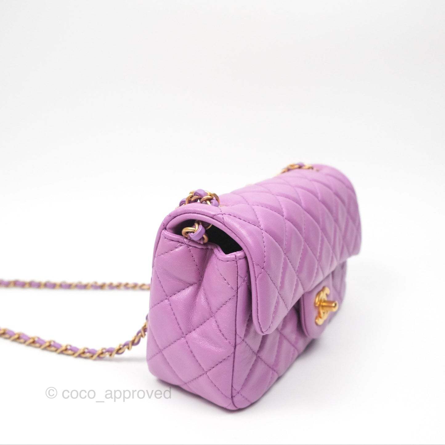 Chanel Mini Rectangular Pearl Crush Quilted Purple Lambskin Aged Gold Hardware