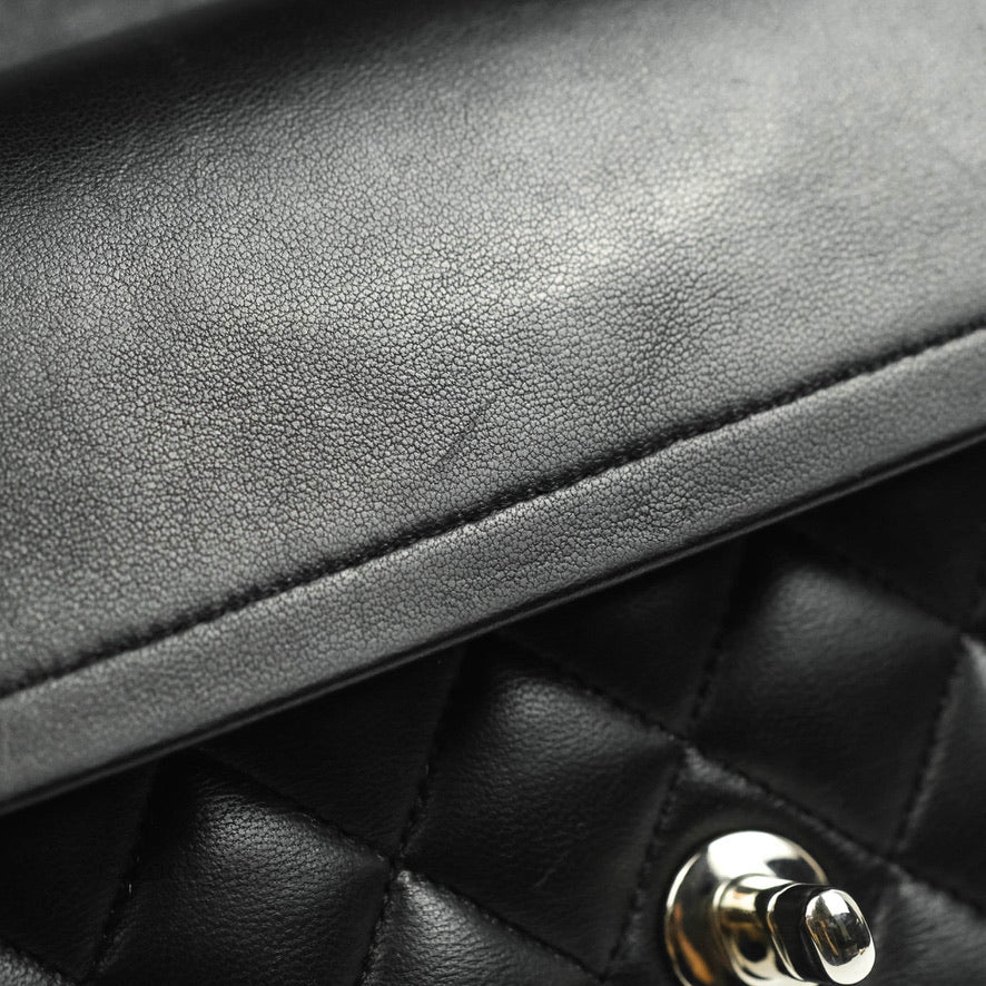 Chanel Classic M/L Medium Double Flap Black Lambskin Silver Hardware