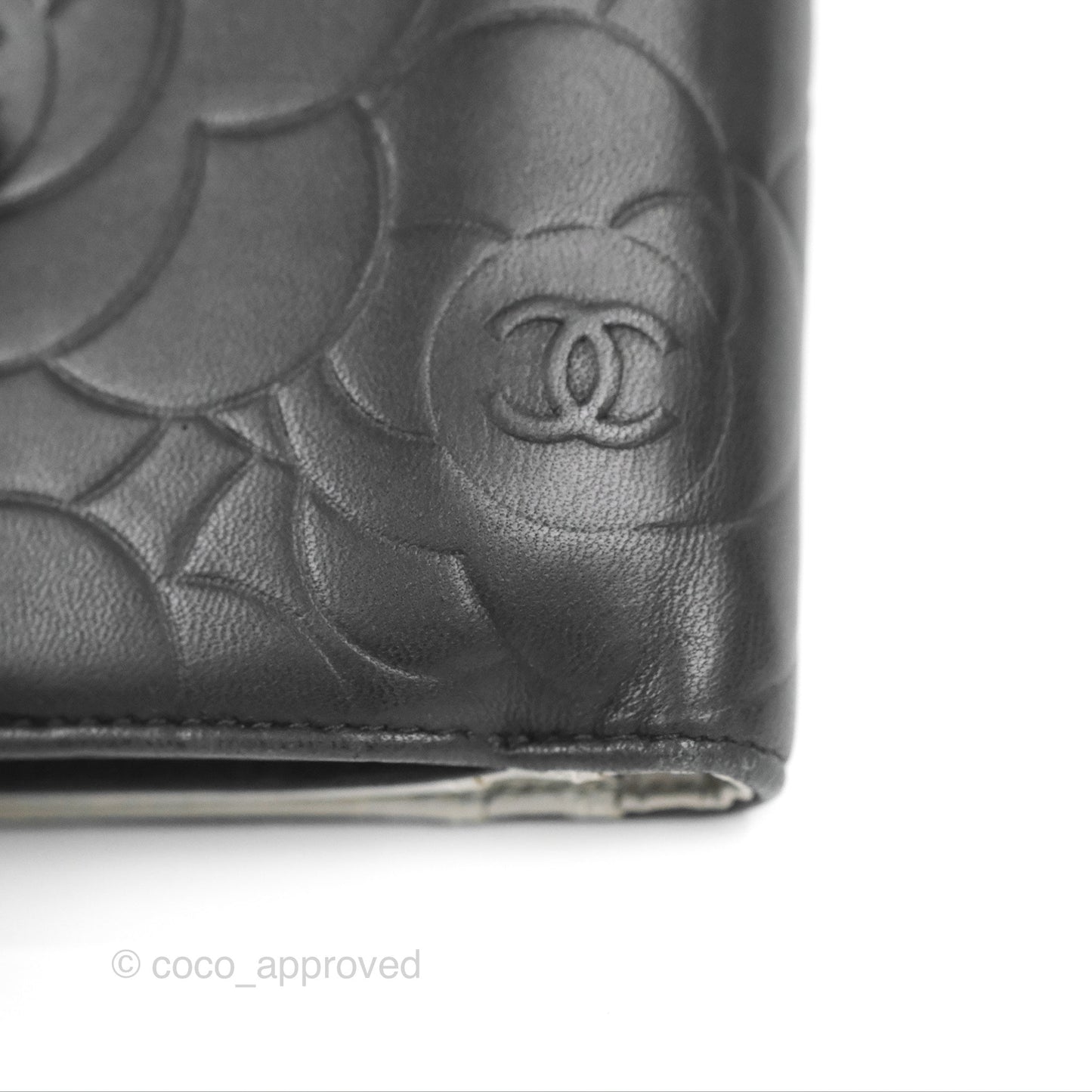 Chanel Wallet Black Camellia Embossed Lambskin Silver Hardware