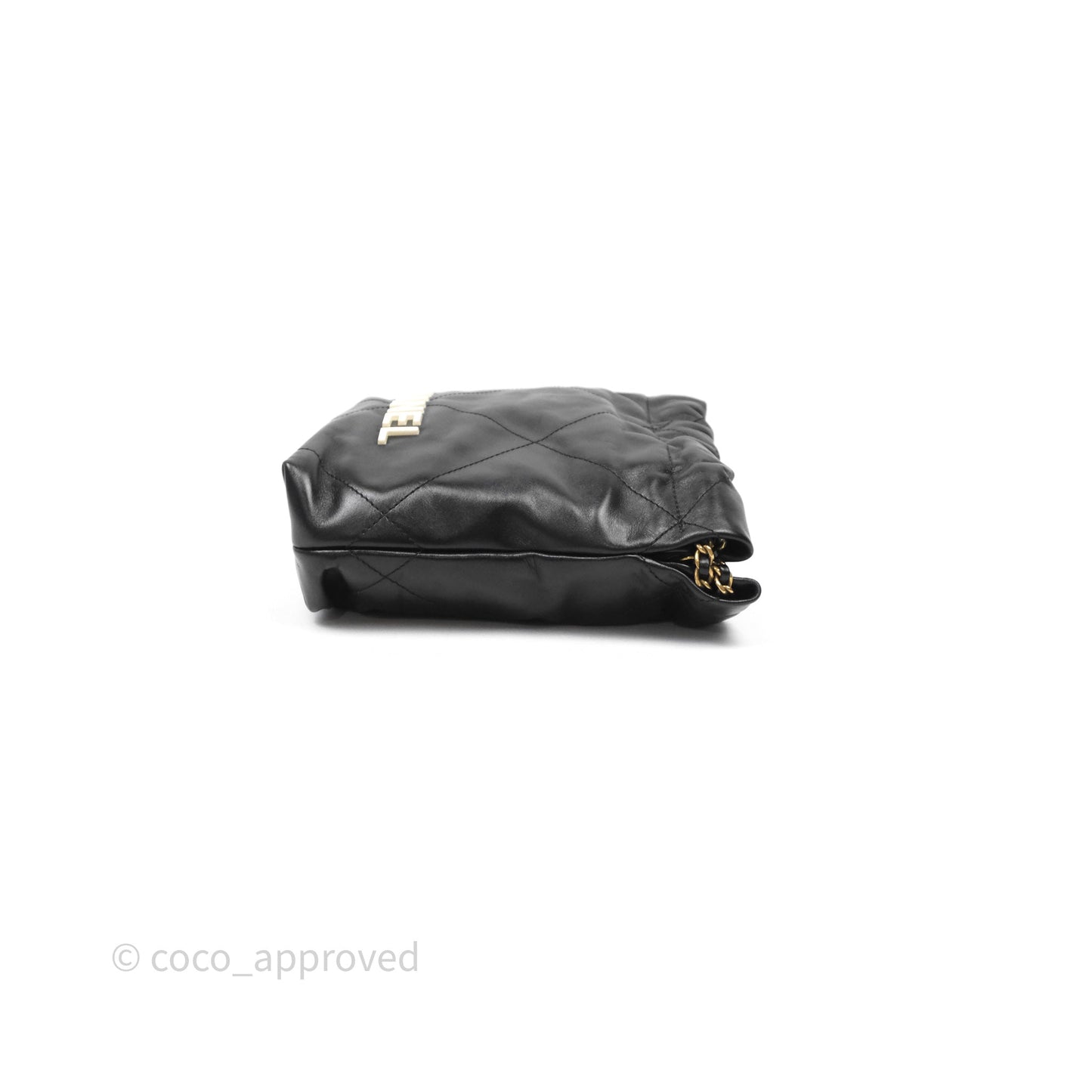 Chanel 22 Mini Bag Black Crumpled Calfskin White Lacquered Metal Logo
