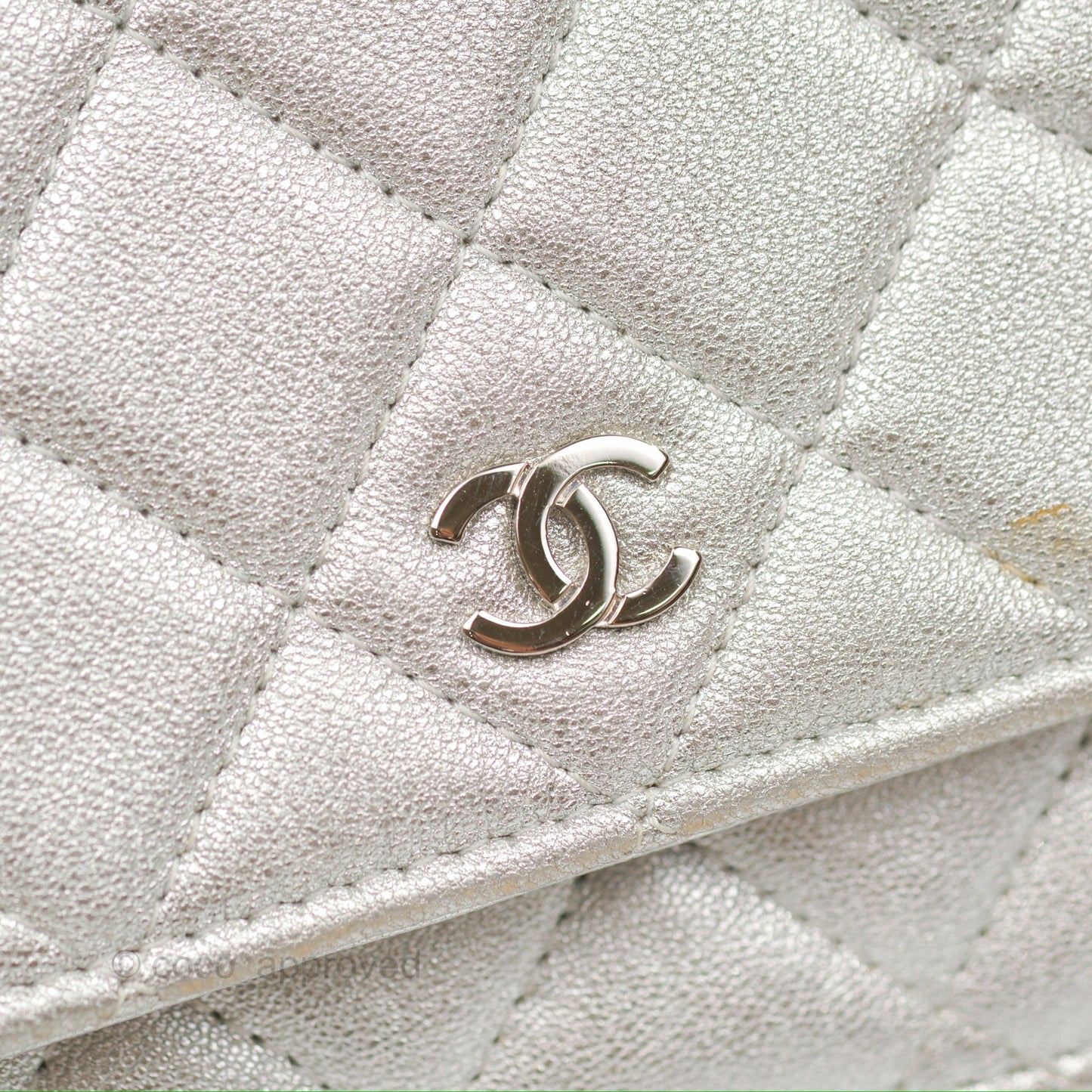 Chanel Quilted Wallet on Chain WOC Iridescent Silver Grained Lambskin Silver Hardware