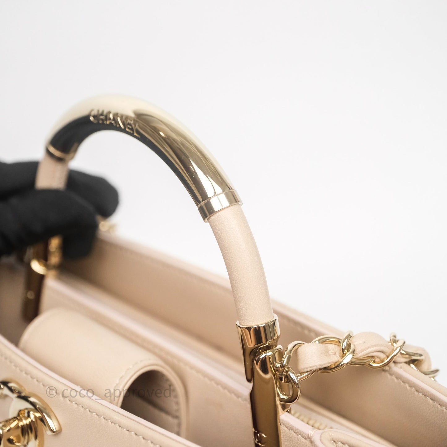 Chanel Quilted Top Handle Carry Chic Bag Beige Lambskin Gold Hardware