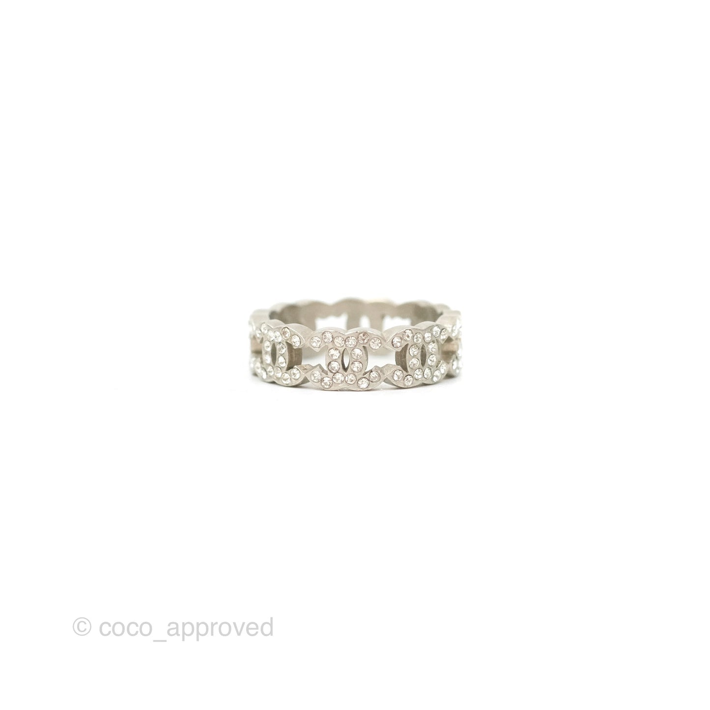 Chanel CC Crystal Ring Brushed Silver Tone