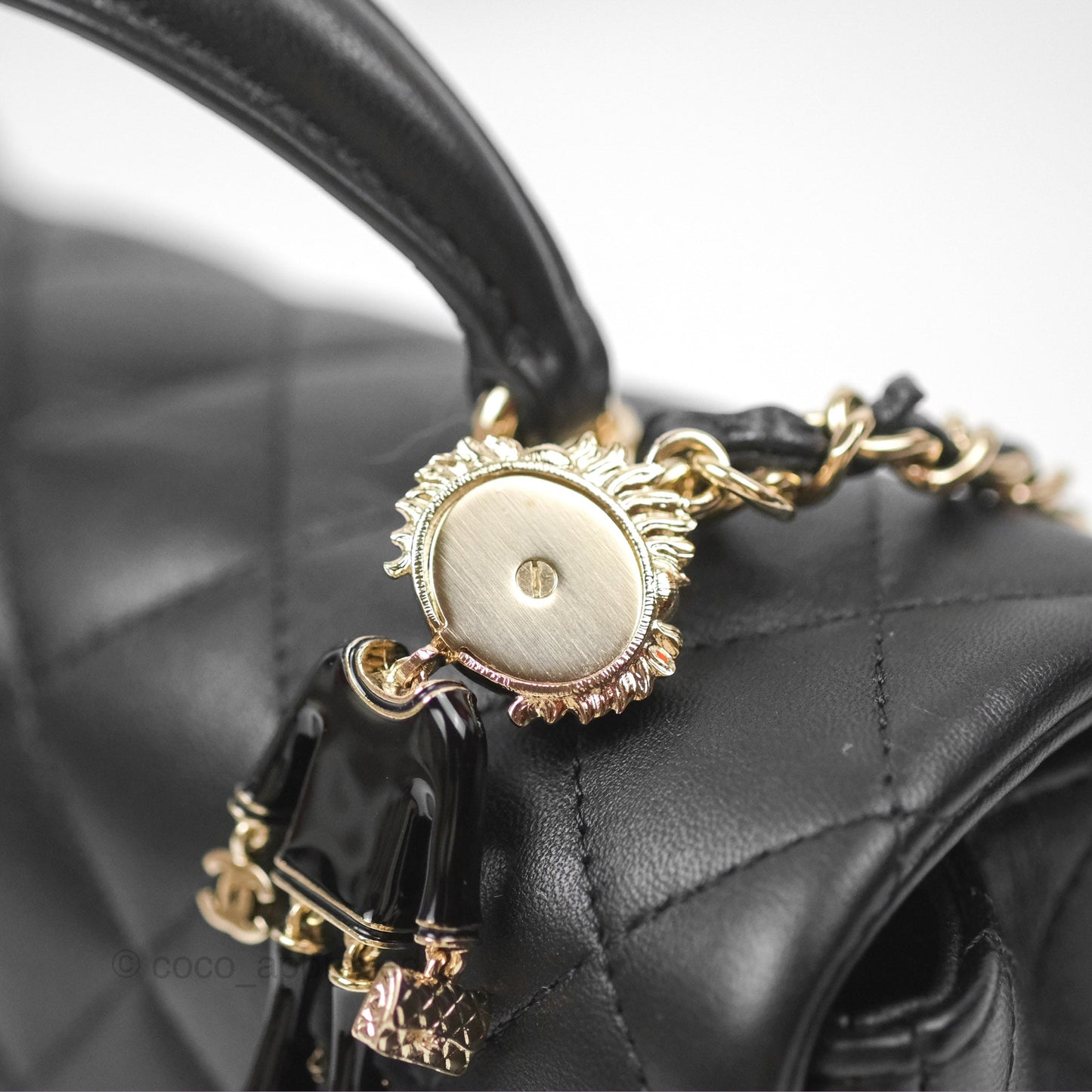 Chanel Top Handle Mini Rectangular Flap Bag with Charm Black Lambskin Gold Hardware