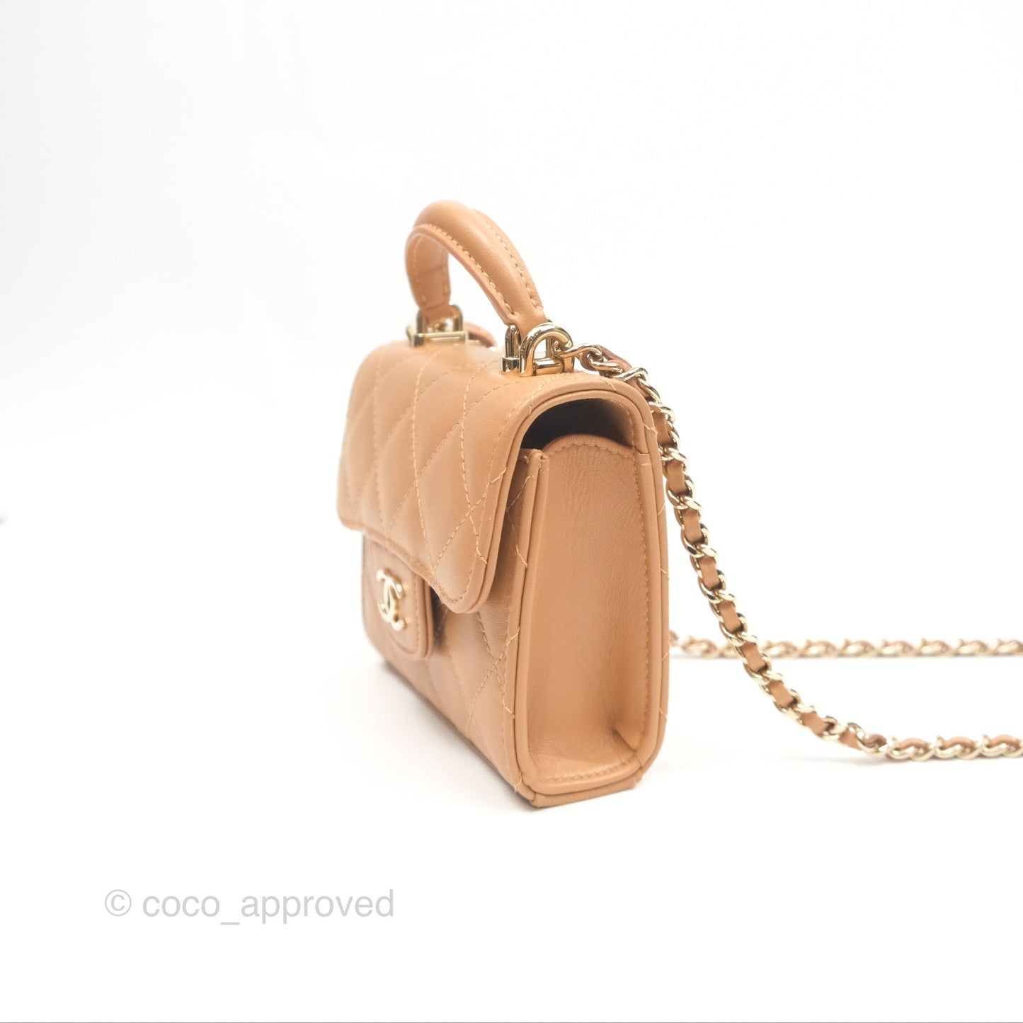 Chanel Mini Handle Clutch With Chain Caramel Lambskin Gold Hardware