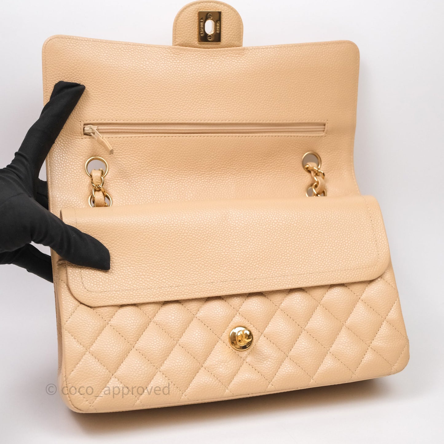 Chanel Classic M/L Medium Flap Quilted Beige Caviar Gold Hardware