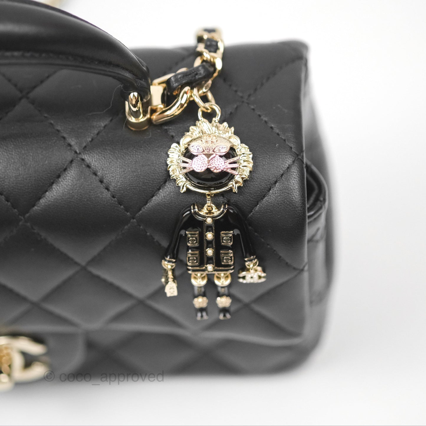 Chanel Top Handle Mini Rectangular Flap Bag with Charm Black Lambskin Gold Hardware
