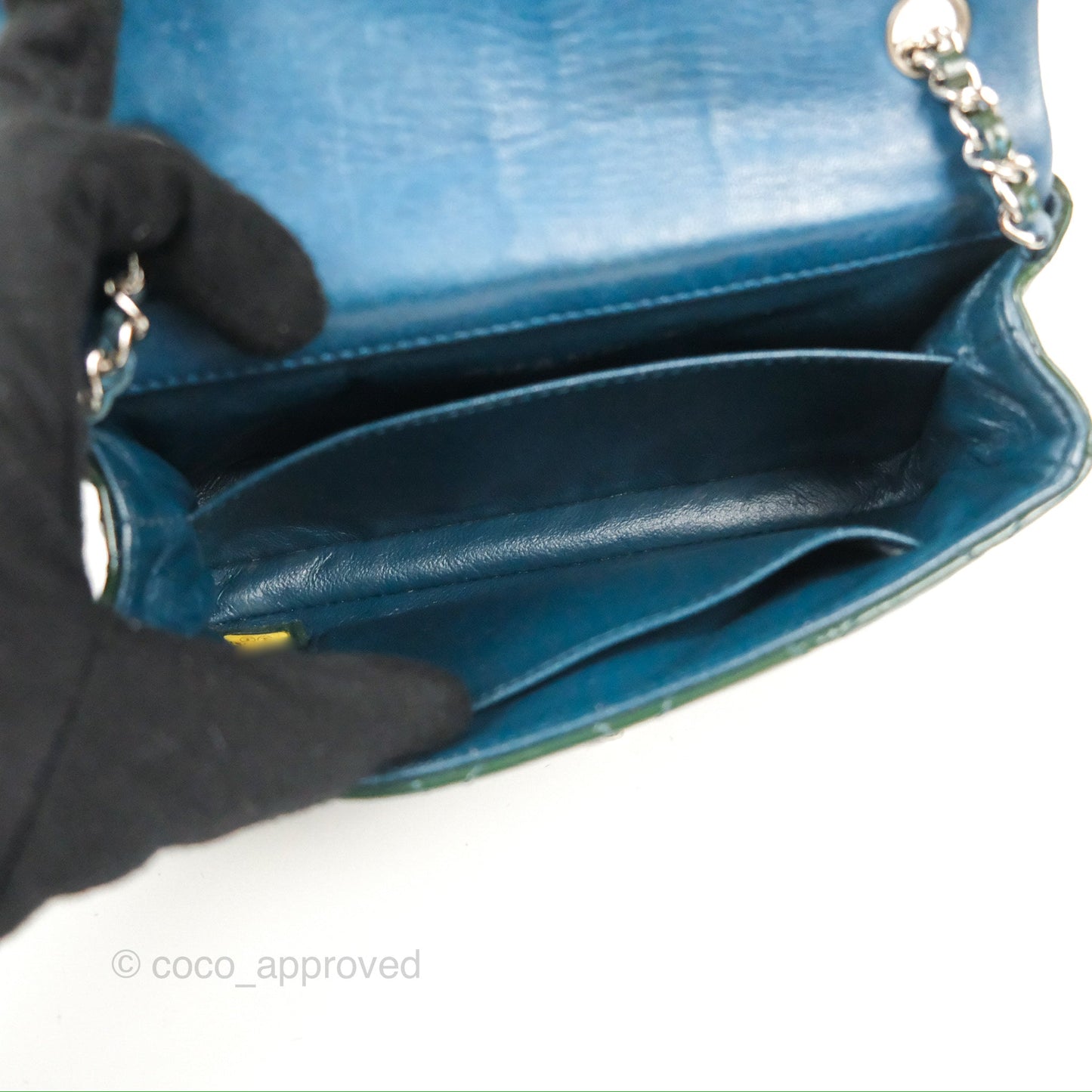 Chanel Quilted Extra Mini Rectangular Flap Teal Patent Silver Hardware