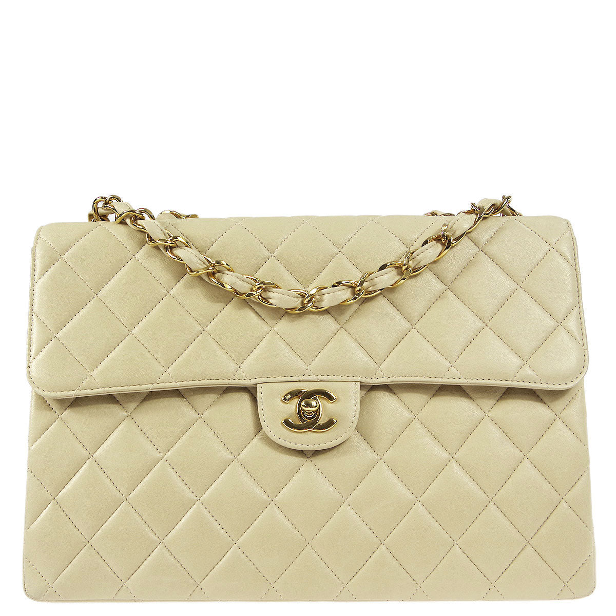 Luxury Chanel 2001-2003 * Ivory Lambskin Jumbo Classic Flap Shoulder Bag