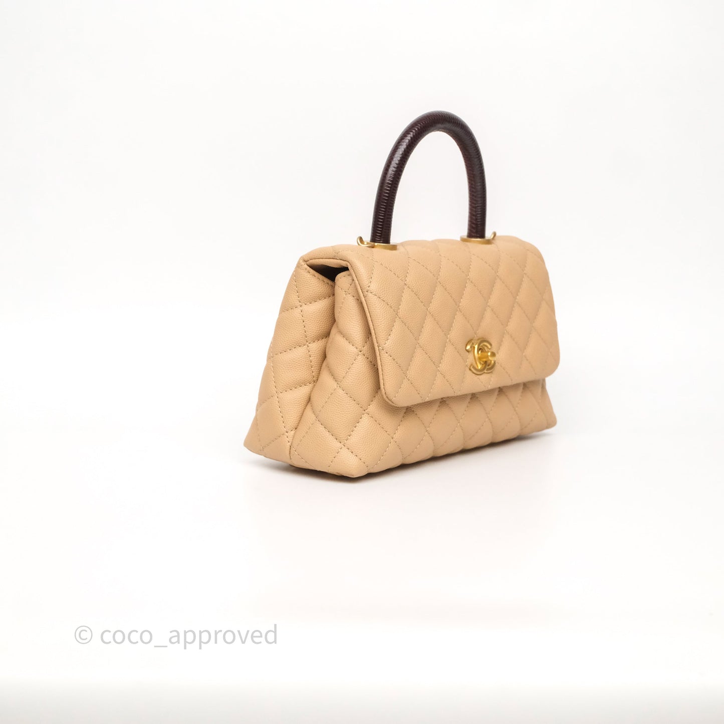 Chanel Small Coco Handle Quilted Beige Caviar Gold Hardware Lizard Handle