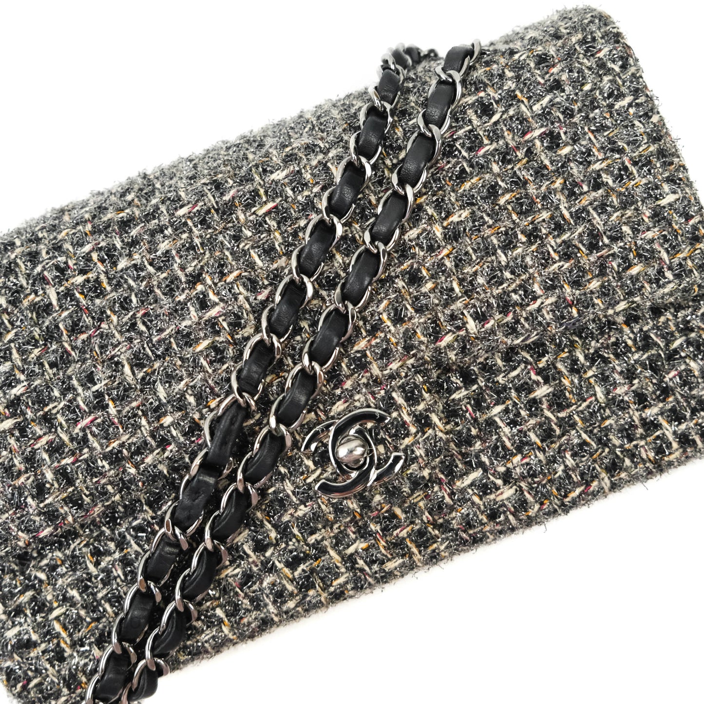 Chanel Classic M/L Medium Double Flap Black Tweed Gun Metal
