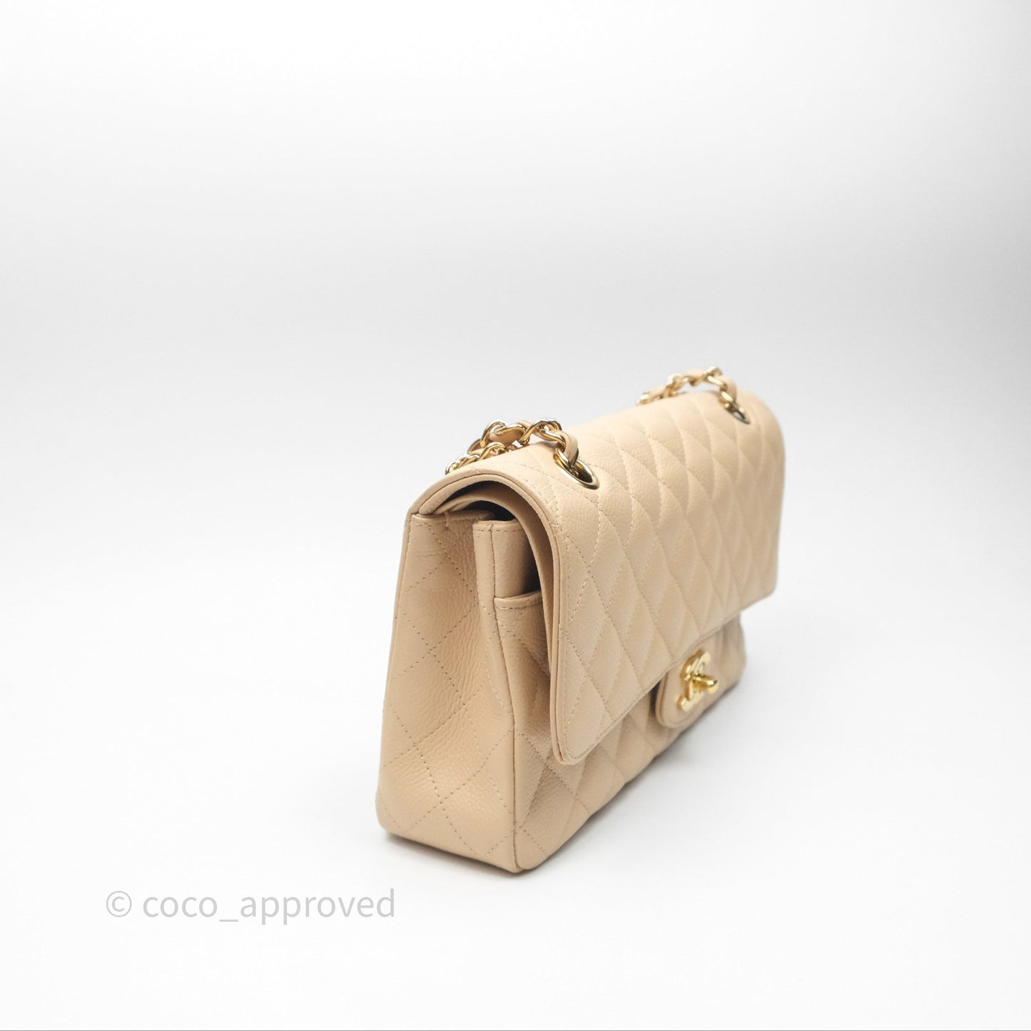 Chanel M/L Medium Classic Flap Quilted Beige Caviar Gold Hardware