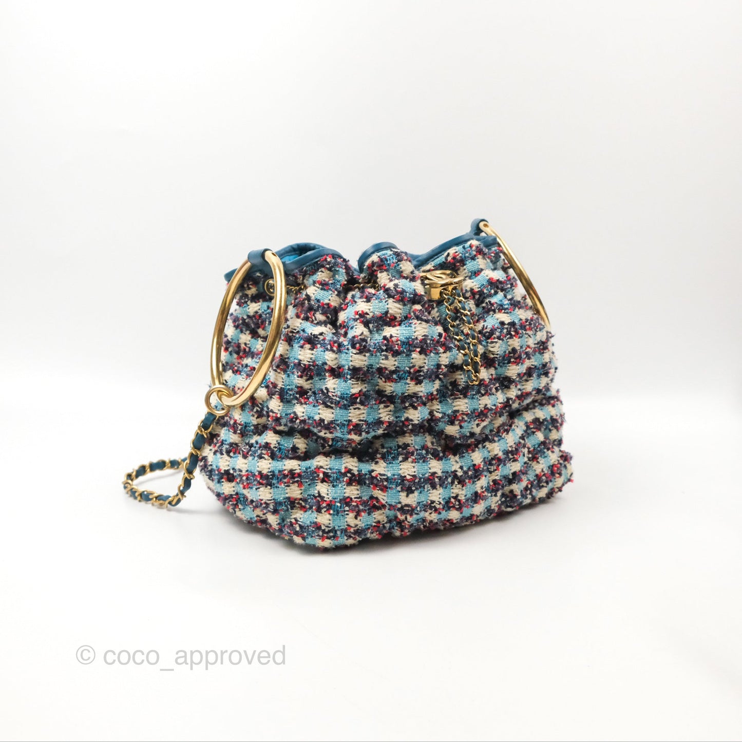Chanel Cuba Chesterfield Tweed Drawstring Bucket Bag Blue Aged Gold Hardware 17C