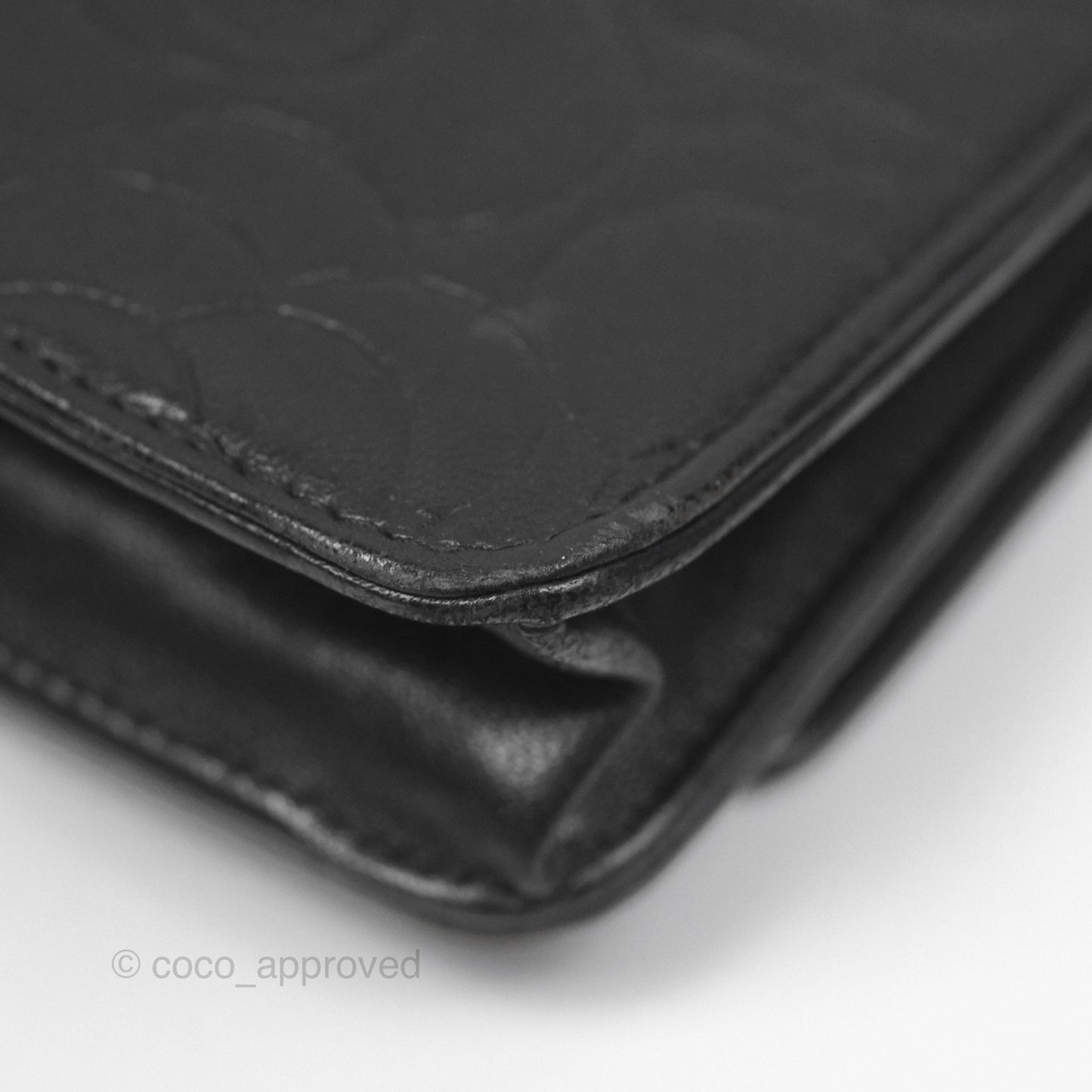 Chanel Camellia Embossed Wallet on Chain WOC Black Lambskin Silver Hardware