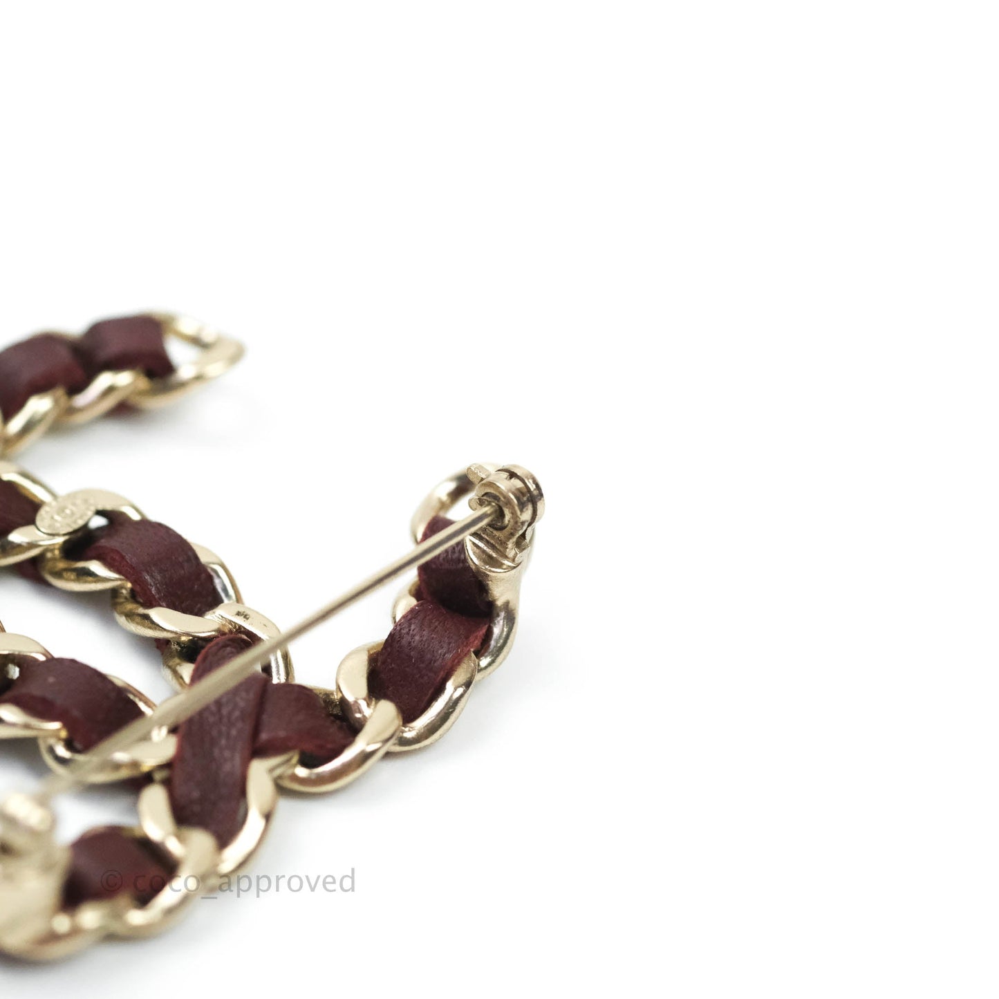 Chanel CC Braided Leather Burgundy Brooch Gold Tone 16B