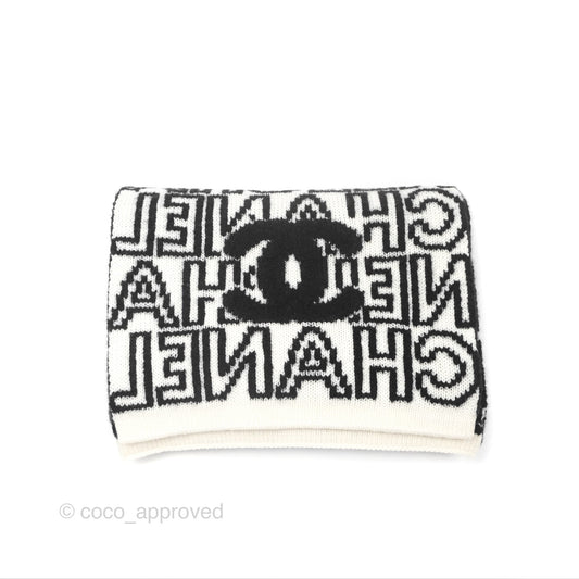Chanel Logo CC Scarf Black & White Cashmere Wool Silk